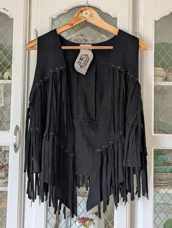 Lg Irvines Black Fringe Suede Women's Vest Eyelet Western Biker - Picture 3 of 6